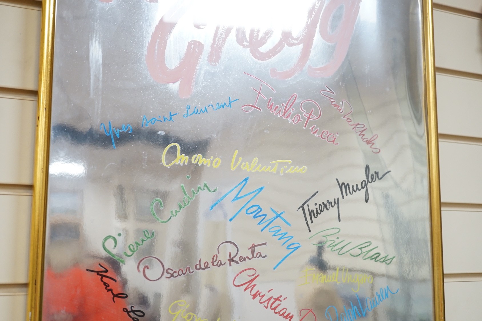 A presentation mirror ‘Aurevoir Gregg’, bearing signatures - 78 x 53cm